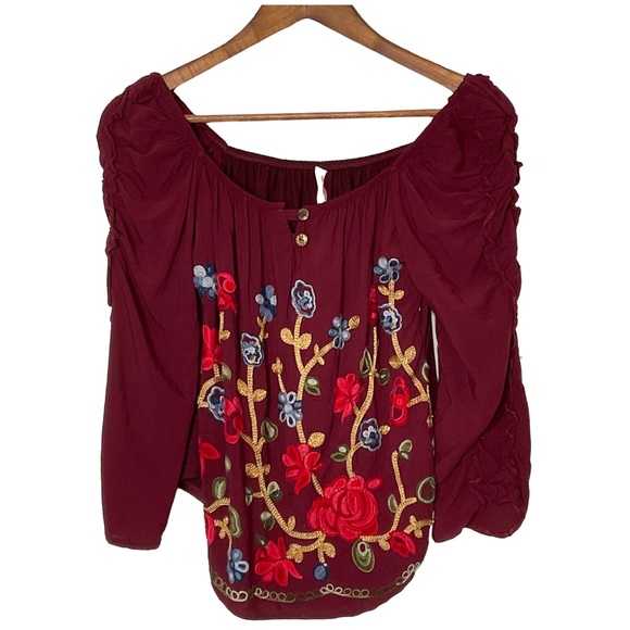 Clarita Tops - Clarita Floral Embroidered Burgundy Square Neck Gathered Long Sleeve Top No Size